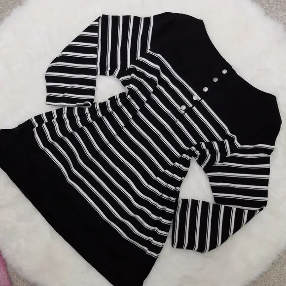 Liz Claiborne Black White Back Button 3/4 Sleeve Top Size Large - Picture 6 of 6